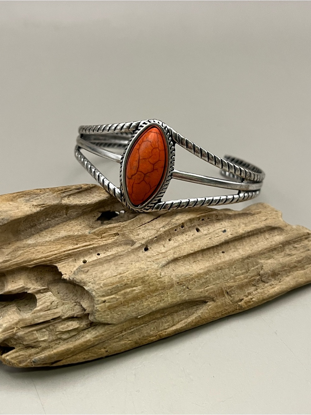 Southwestern Silver Tone Cuff Bracelet Orange Howlite Turquoise Stone Boho
